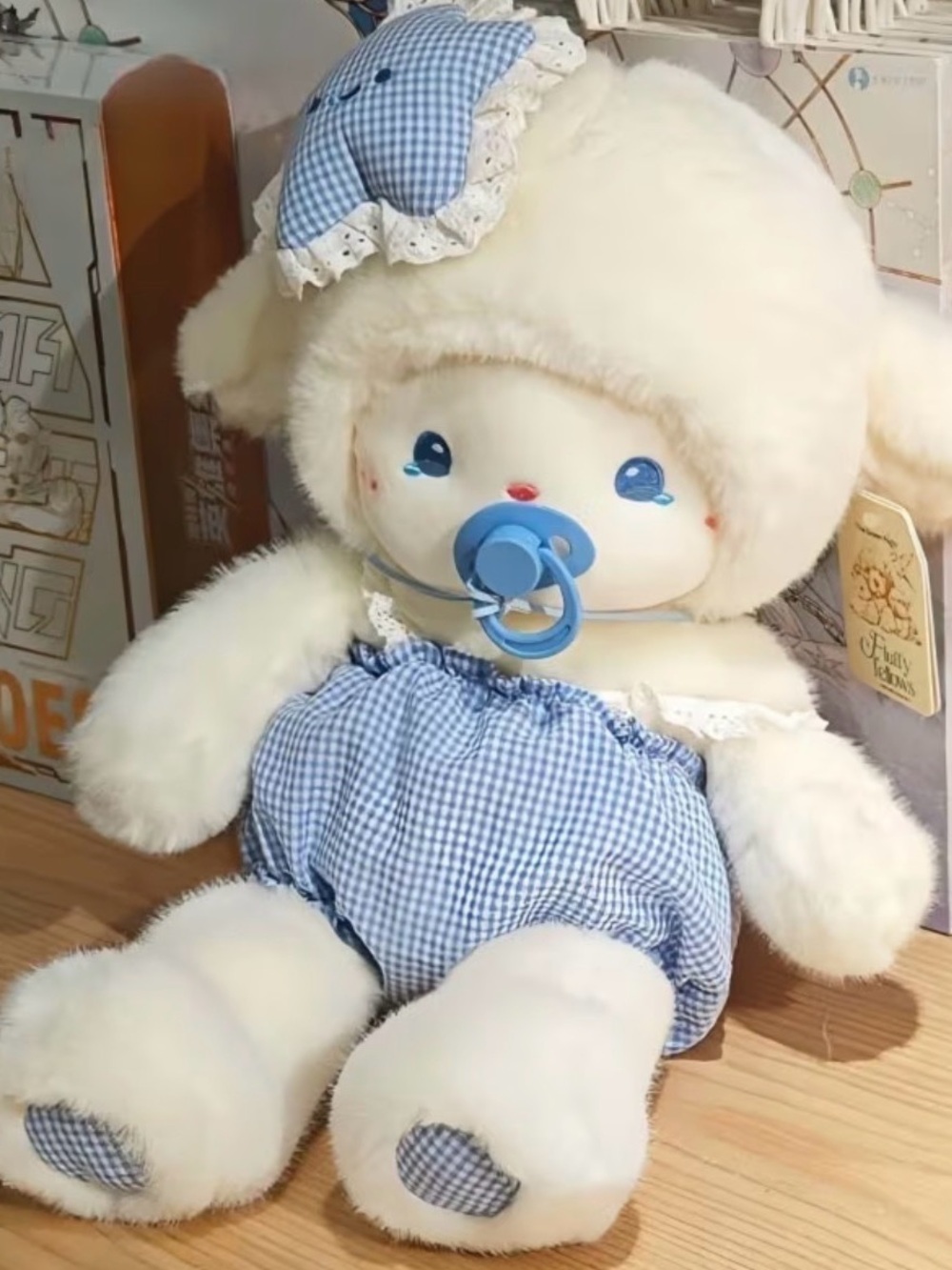 {NEW} Plush Baby Lamb Doll in Cream with Blue Gingham Outfit